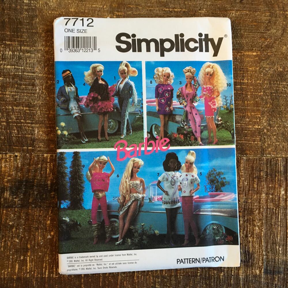 Simplicity 7712 Vintage 1991 Barbie Doll Wearable Art Wardrobe Pattern UNCUT
